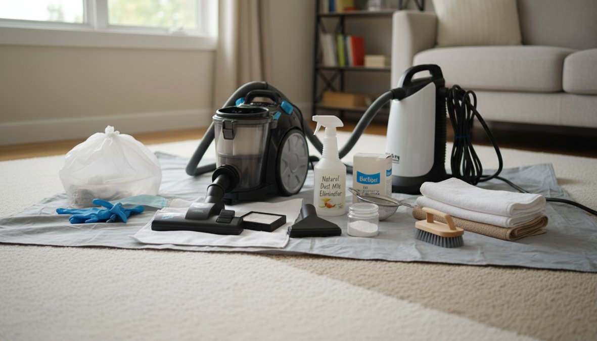 Close-up of a professional carpet cleaning technician pressing a hot water extraction wand into light-colored residential carpet in a bright living room, steam visible near the wand head, natural window light illuminating the scene
