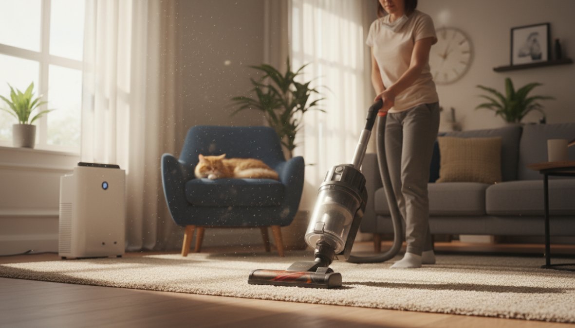A person slowly vacuuming a carpeted bedroom floor with a modern upright vacuum cleaner, bright sunlight streaming through a window and illuminating fine dust particles suspended in the air above the carpet