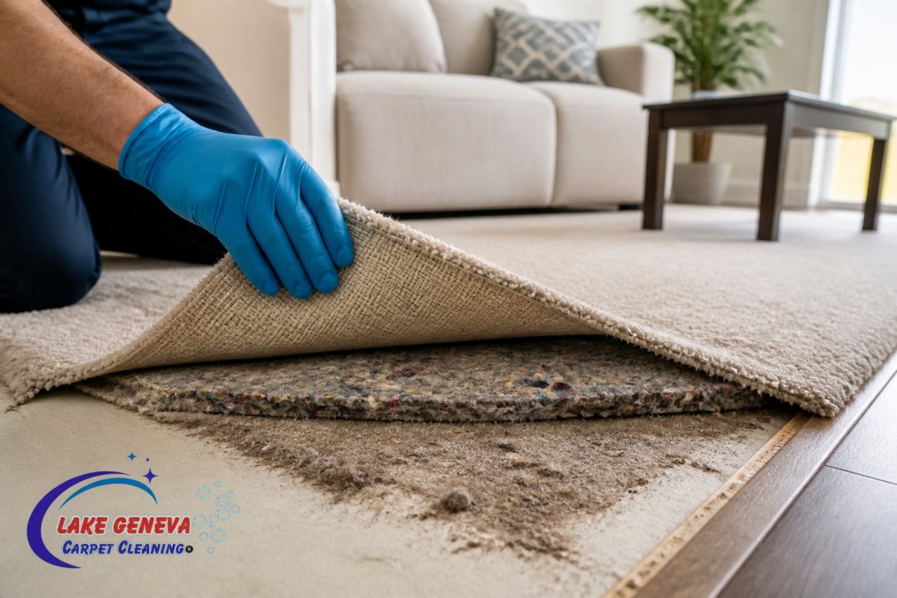 Close-up of a technician's gloved hand lifting a carpet corner in a bright living room to reveal dust and debris trapped in the fibers and padding below