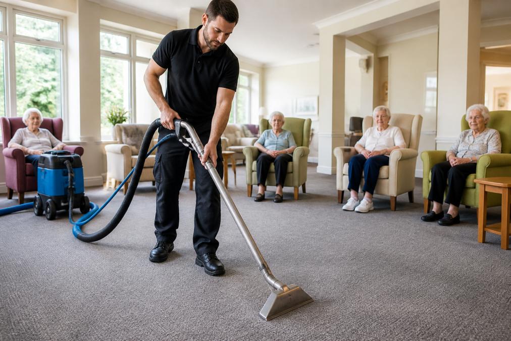 Professional technician operating industrial hot water extraction equipment in a care home communal lounge with elderly residents seated in background, natural daylight streaming through windows