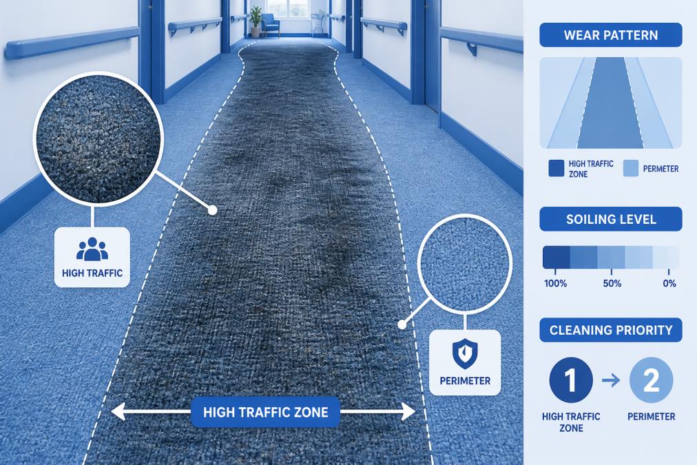 Close-up of a care home corridor carpet showing distinct wear patterns, heavily soiled high-traffic zones contrasting with cleaner perimeter areas, demonstrating the need for targeted maintenance