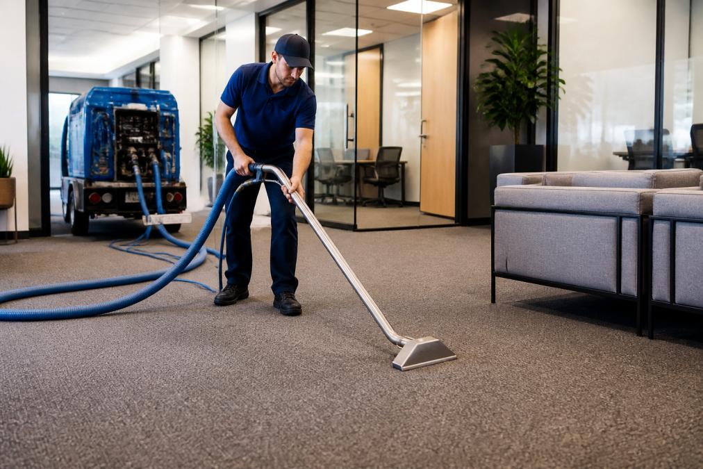 Professional carpet cleaning technician using truck-mounted hot water extraction equipment on commercial office carpet, with cleaning hose actively working on carpet fibers in a modern office setting