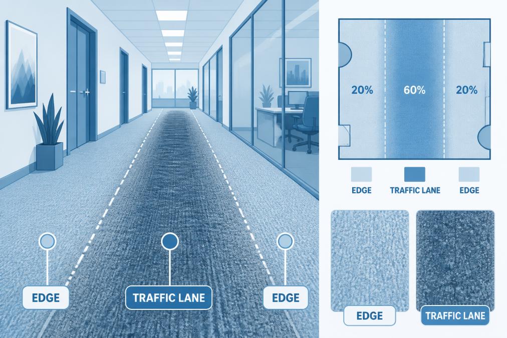 Wide-angle view of a busy office hallway with visible traffic lane wear patterns in the carpet, showing darker soil accumulation along the main walking path compared to the edges of the hallway