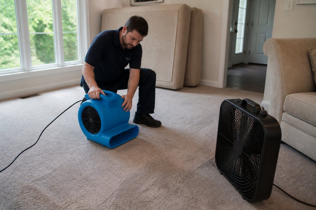 Technician using an air mover to dry damp carpet and prevent humidity damage in a living room.