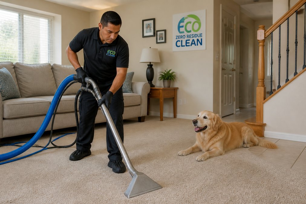 Professional carpet cleaner using hot water extraction equipment on residential carpet with pet in background, demonstrating industrial-grade cleaning in action