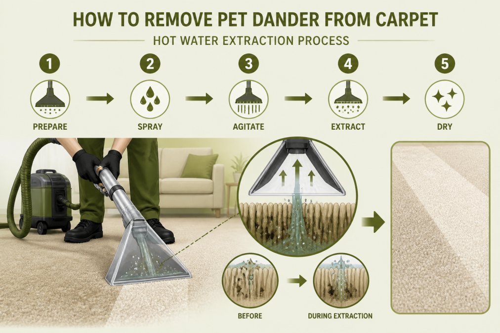 Professional carpet cleaning technician using hot water extraction equipment on residential carpet, showing the extraction process with visible moisture removal and clean water being pulled from the carpet fibers