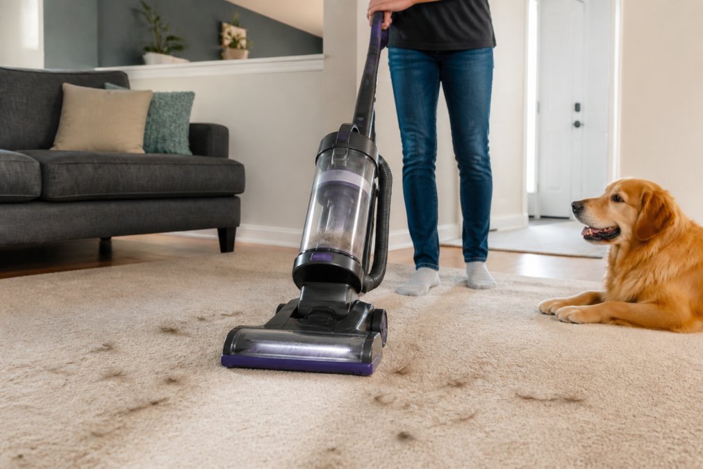 Pet owner demonstrating proper vacuuming technique on carpet with visible pet hair being lifted by a high-suction upright vacuum, showing deliberate slow strokes across the pile
