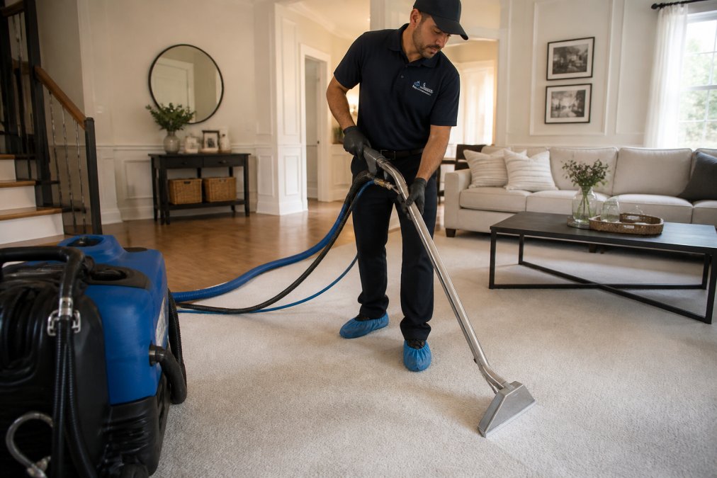 A uniformed technician using a low-water steam extraction wand on a light-colored carpet in a bright living room, with clean equipment visible in the foreground