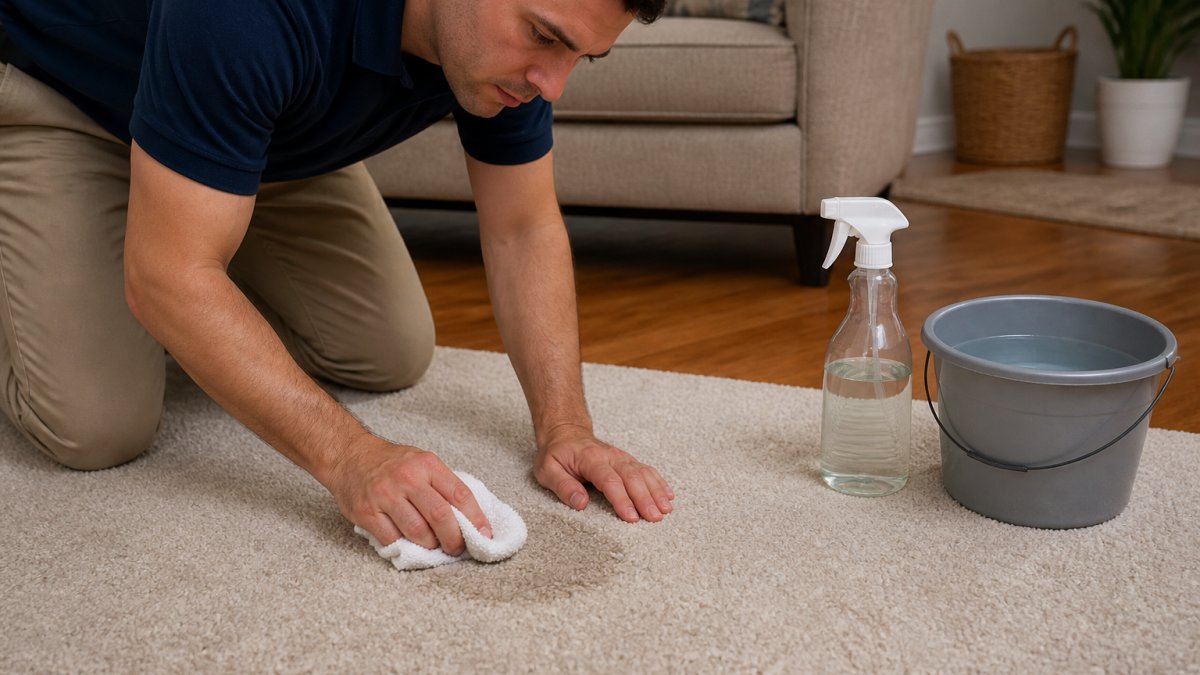 Close-up of a person's hands using a white microfiber cloth to blot a damp carpet patch, with a spray bottle of diluted vinegar solution and a bucket of clean water nearby on a hardwood floor