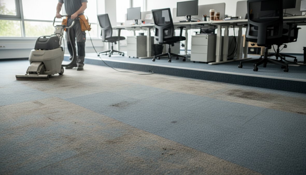 Professional carpet cleaning technician pressing a truck-mounted hot water extraction wand against commercial office carpet in a bright modern small office with white desks and large windows in the background