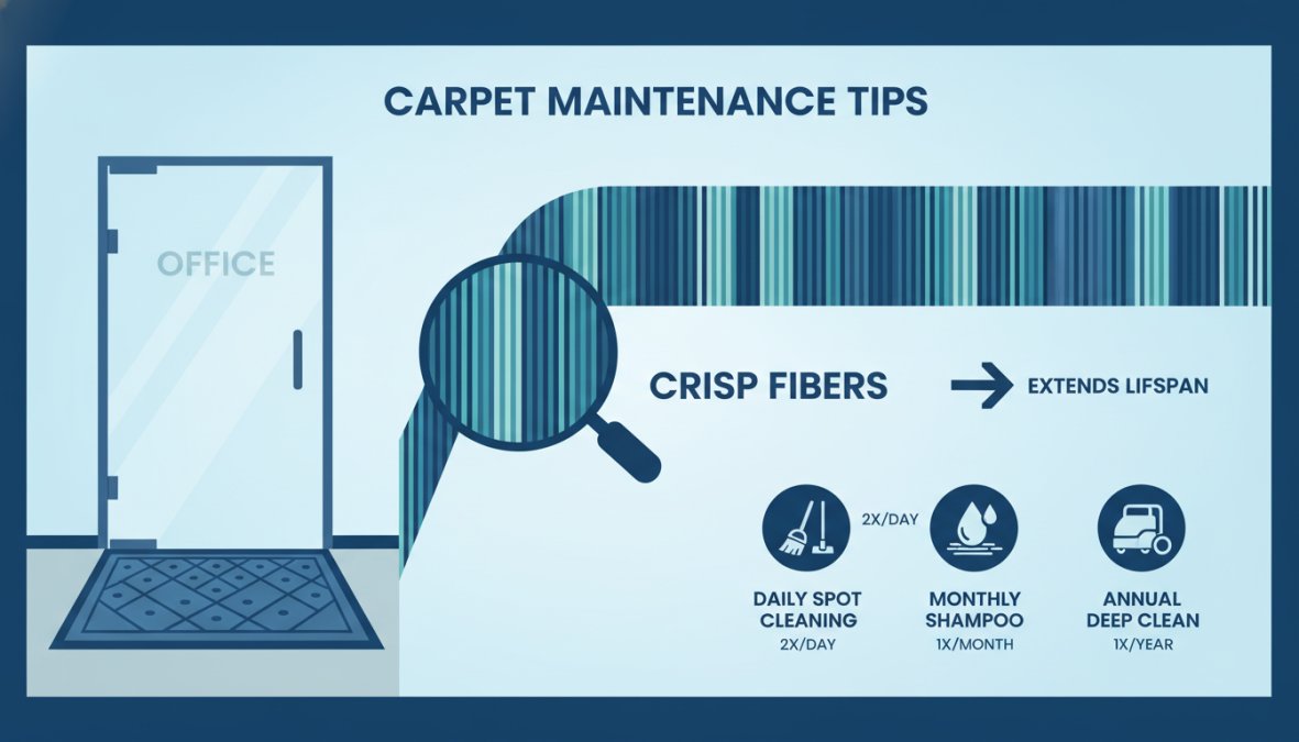 Close-up of clean well-maintained commercial grade carpet in a small office hallway showing upright crisp fibers with a dark entrance mat visible near a glass office door under overhead fluorescent lighting