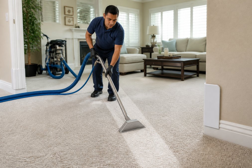 Technician using hot water extraction for carpet cleaning services on a bright living room floor