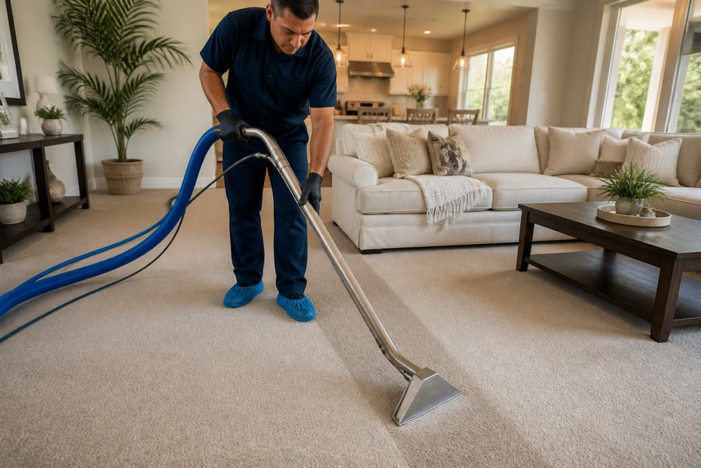 A professional carpet cleaning technician in uniform using a hot water extraction wand on a light-colored living room carpet, with a clean, bright home interior visible in the background
