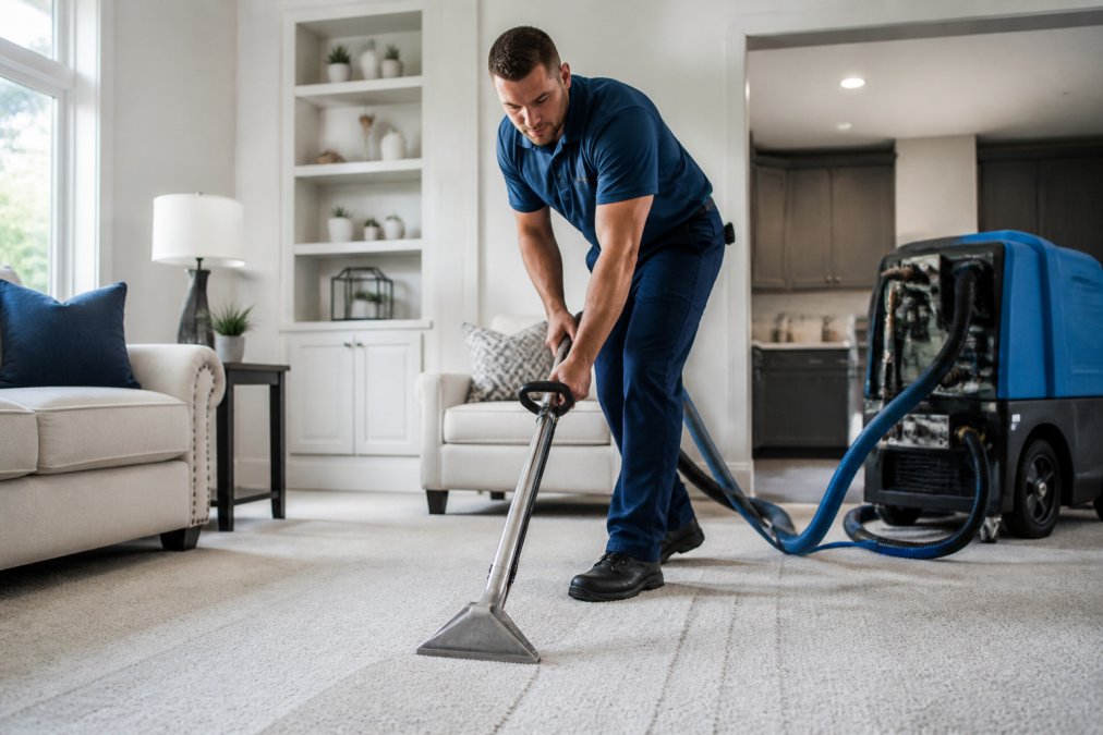 A professional technician in a clean uniform operating a van-mounted carpet cleaning machine in a bright modern living room, focused on the carpet fibres