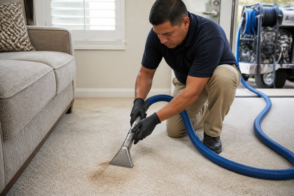 Professional technician using truck-mounted equipment and portable extraction hose to treat a pet stain on light-colored residential carpet, with cleaning solution and extraction tools visible in modern home setting