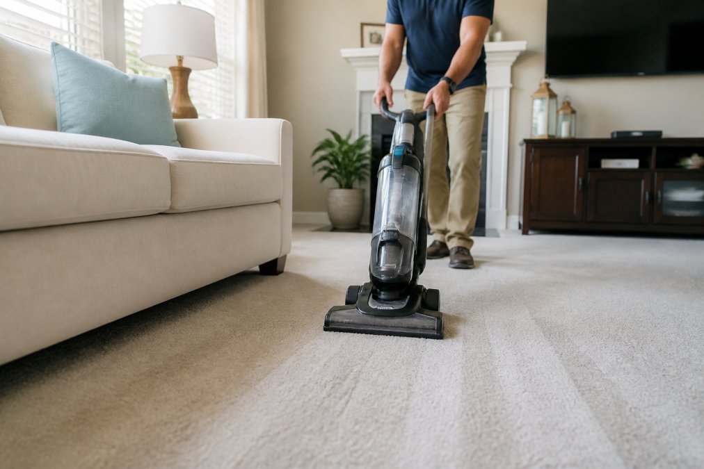 Homeowner vacuuming light-colored residential carpet in living room with modern upright vacuum cleaner, focusing on high-traffic pathway areas near furniture, with natural window lighting