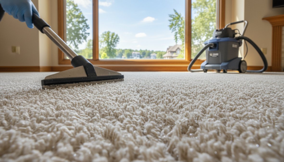 A professional carpet cleaning technician in uniform operating a truck-mounted hot water extraction hose inside a bright, sunlit residential living room, with visibly clean and fluffy carpet fibers in the foreground