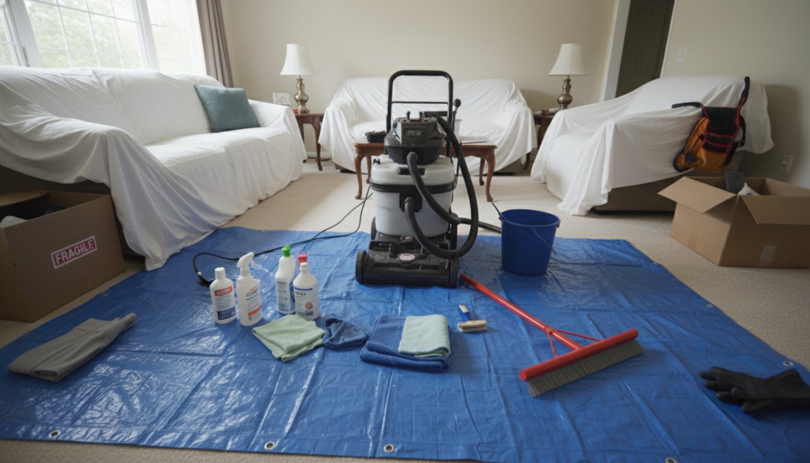 A homeowner in casual clothing moving a wooden coffee table across a bright, sunlit living room with light-colored carpet, preparing the space for a cleaning appointment