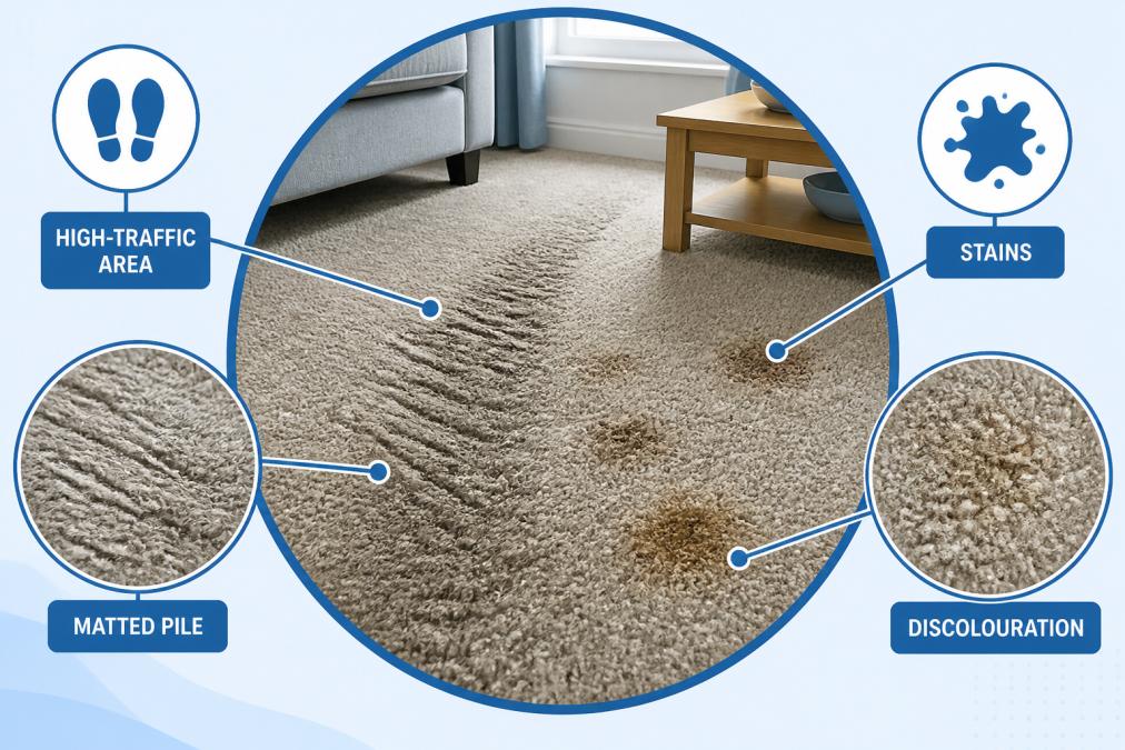 Close-up of worn carpet showing matted, crushed pile in high-traffic area with visible discolouration and stains in a residential living room
