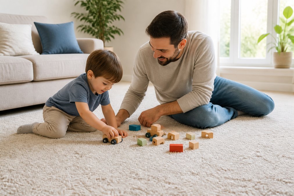 Parent and child playing together on a clean, freshly cleaned carpet in a bright family room with natural sunlight streaming through windows