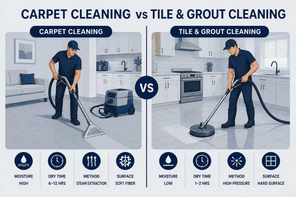 Infographic comparing carpet cleaning vs tile and grout cleaning processes using steam and high-pressure tools.