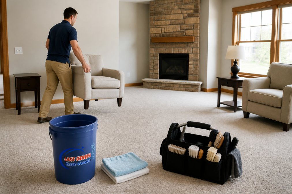 Homeowner clearing furniture and personal items from a living room, moving chairs and side tables to room edges, preparing space for professional carpet cleaning service