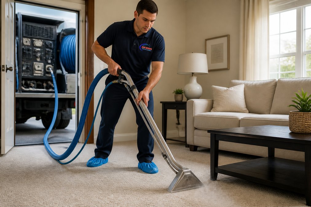 Professional carpet cleaning technician operating truck-mounted extraction equipment, spraying hot water solution into carpet while simultaneously extracting moisture, focused concentration on carpet surface in residential living room