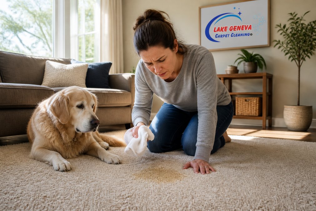 A homeowner kneeling on a carpet with a dog nearby, inspecting a stain with a cloth in hand, natural light from a window in a cozy living room