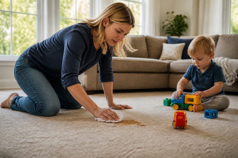 A parent kneeling on a living room carpet, blotting a fresh spill with a clean white cloth while a toddler plays nearby with toys, soft afternoon light through a window