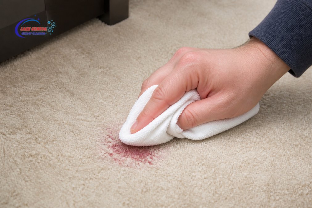 Close-up of a hand using a white cloth to blot a fresh carpet stain with light pressure on damp fibers, showing proper blotting technique