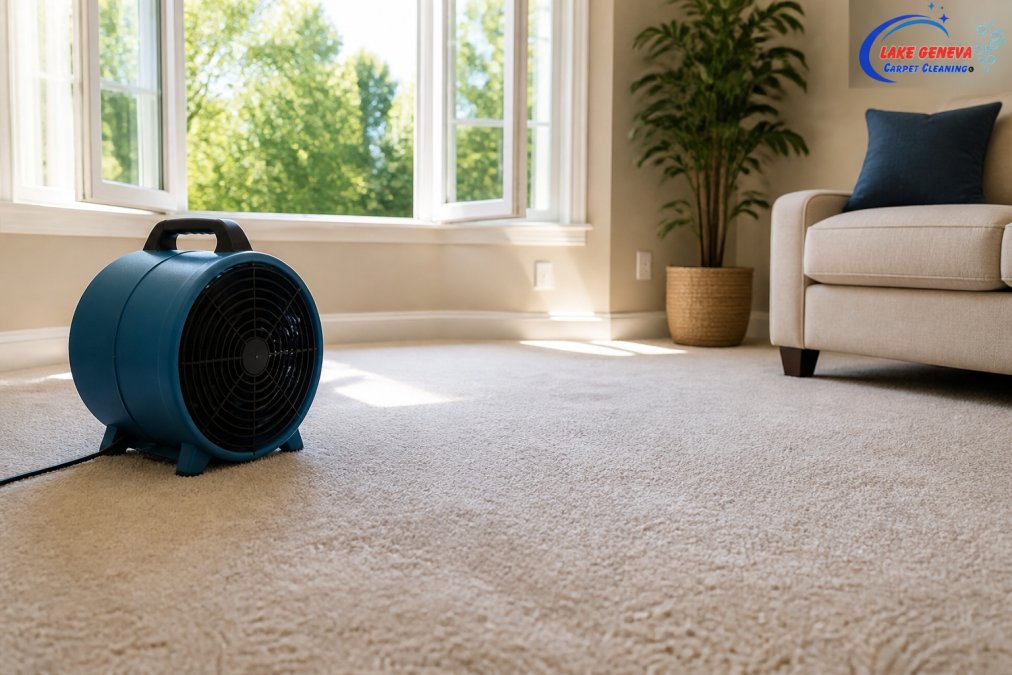 Bright living room with open windows, a fan positioned near damp carpet, and natural light streaming in to demonstrate proper air circulation and drying setup