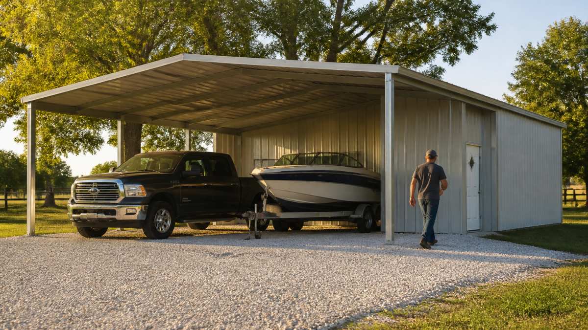 A galvanized steel carport with an attached enclosed storage room beside a gravel driveway, holding a parked pickup truck and a boat on a trailer, with a homeowner walking toward the storage door on a clear afternoon