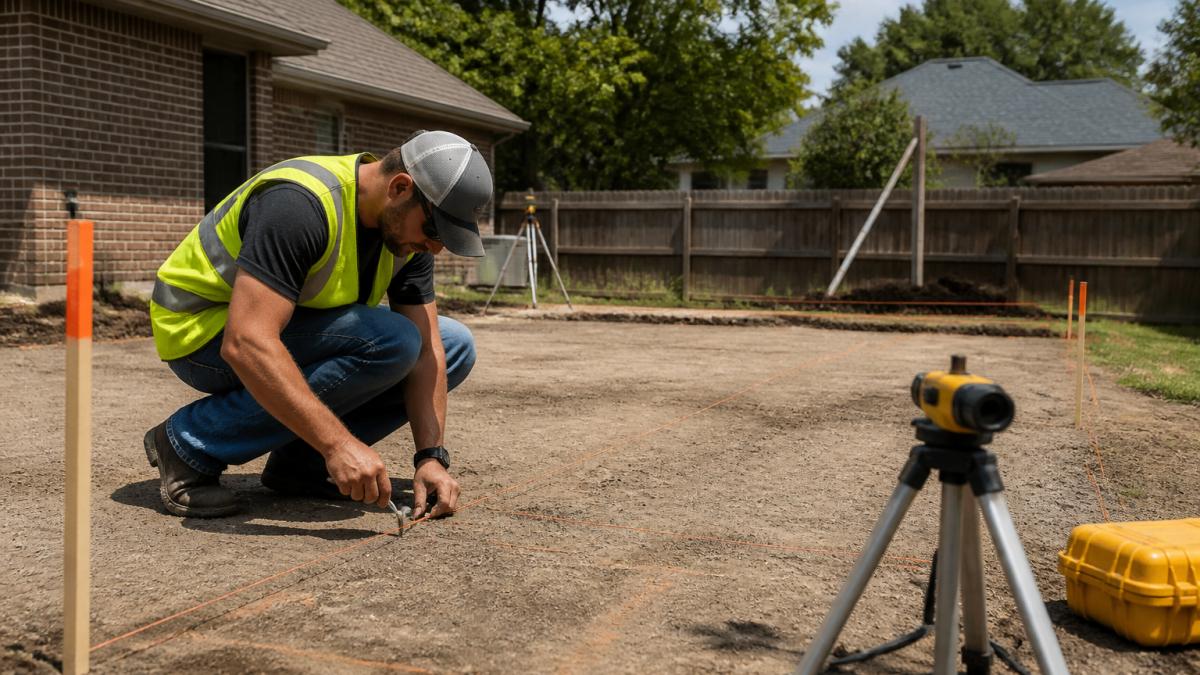 Professional surveyor marking ground with chalk and measurement tools on residential property, showing cleared area with level ground and marked boundaries for carport installation