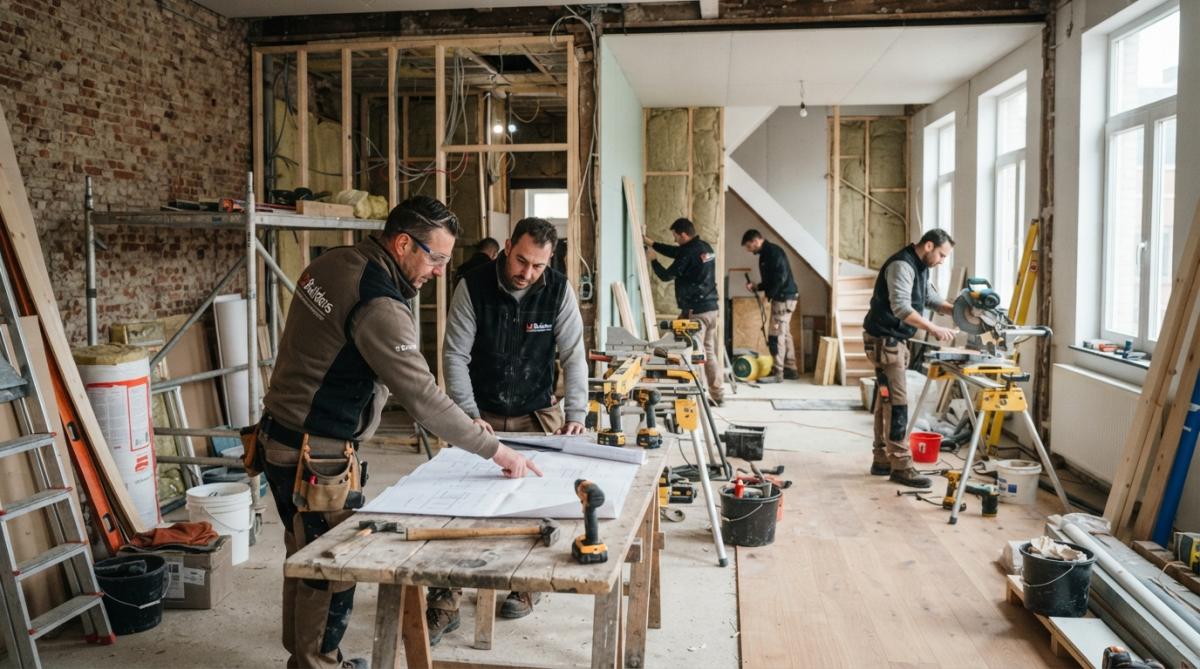 Professionele bouwvakkers en interieurontwerpers in overleg met een huiseigenaar in een woonkamer onder renovatie, met plannen en materiaalstalen zichtbaar op een tafel