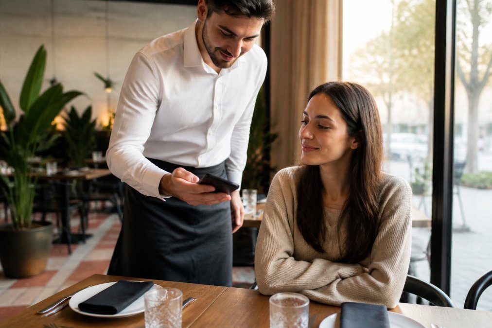 Camarero escaneando un código QR con su smartphone para mostrar la carta digital con alérgenos a un cliente.