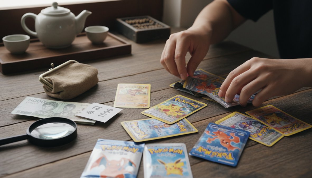 Cartas Pokémon Coreanas Precio: Guía de Valor 2025 2 Manos sosteniendo un sobre de Pokémon TCG coreano sellado sobre un escritorio de madera, con un portátil abierto mostrando una tienda online de cartas coleccionables en el fondo