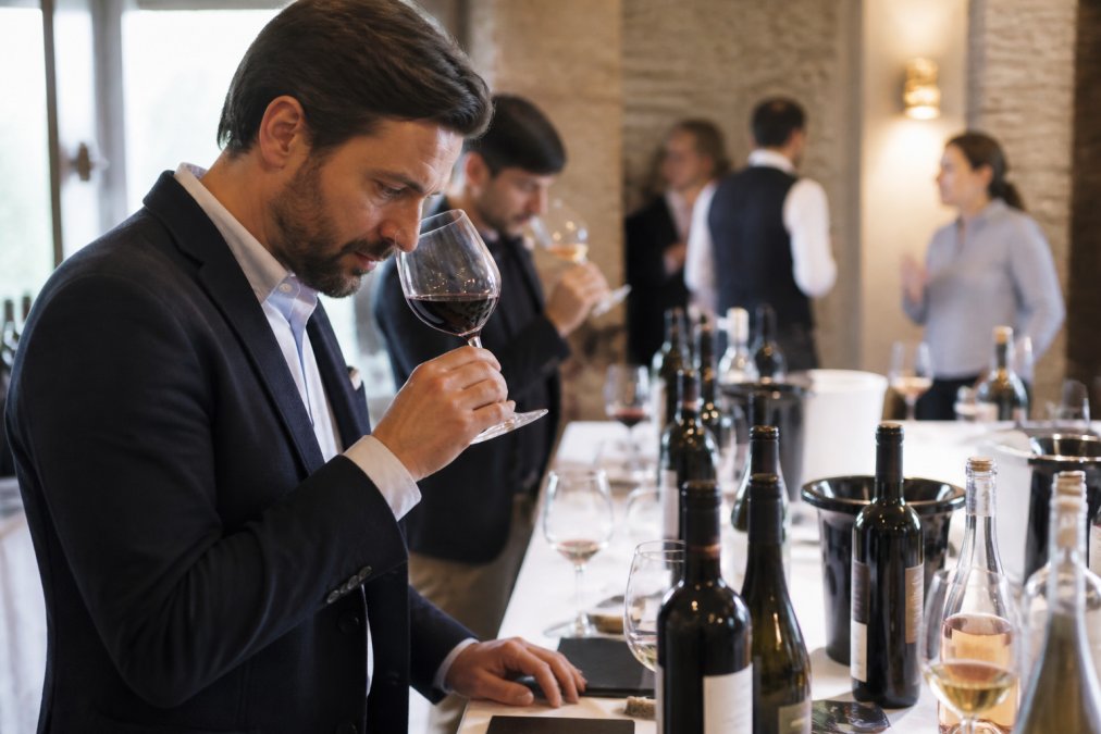 A sommelier or wine buyer examining wine bottles from small Portuguese and Italian producers at a specialist distributor's tasting event, natural lighting from warehouse windows, intimate professional setting