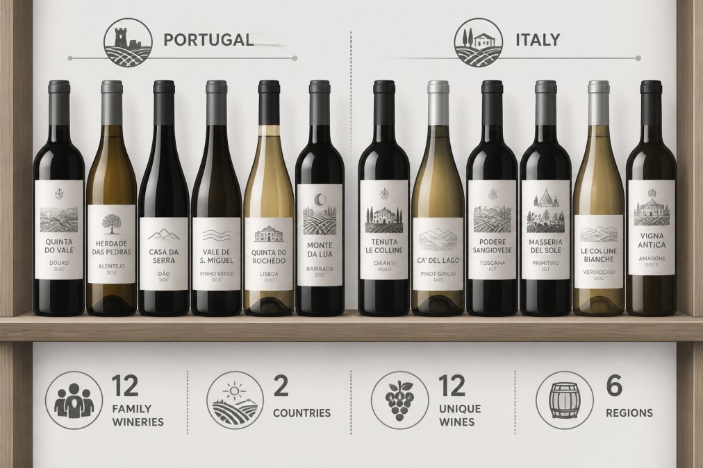 Close-up of Portuguese and Italian wine bottles arranged on a wooden shelf, showing varied labels and colours of red and white wines from small family vineyards, with warm natural lighting