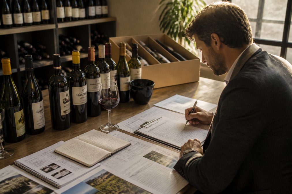 Restaurant sommelier or wine buyer reviewing wine inventory and order forms at a desk with wine samples and tasting notes visible, natural afternoon lighting through windows