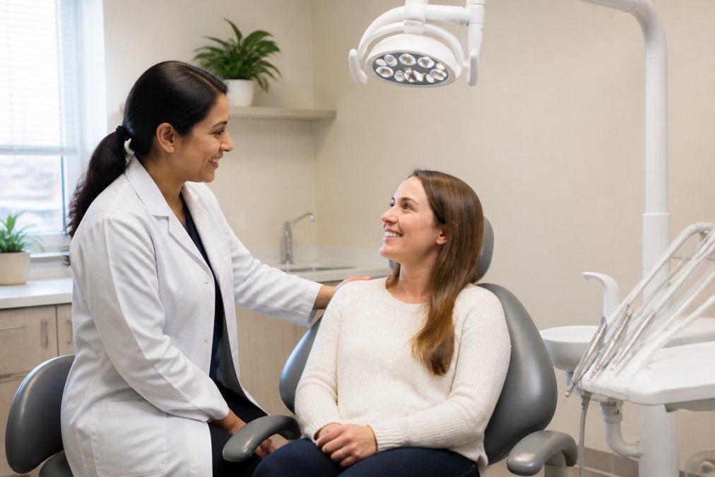 Professional dentist in white coat gently greeting a calm patient in modern dental chair with soft overhead lighting and contemporary operatory design, conveying a welcoming and anxiety-reducing clinical environment
