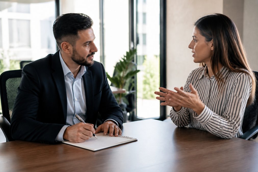 Professional business consultant conducting interview with client across modern desk, notepad and pen visible, both engaged in conversation in bright office setting with natural window lighting