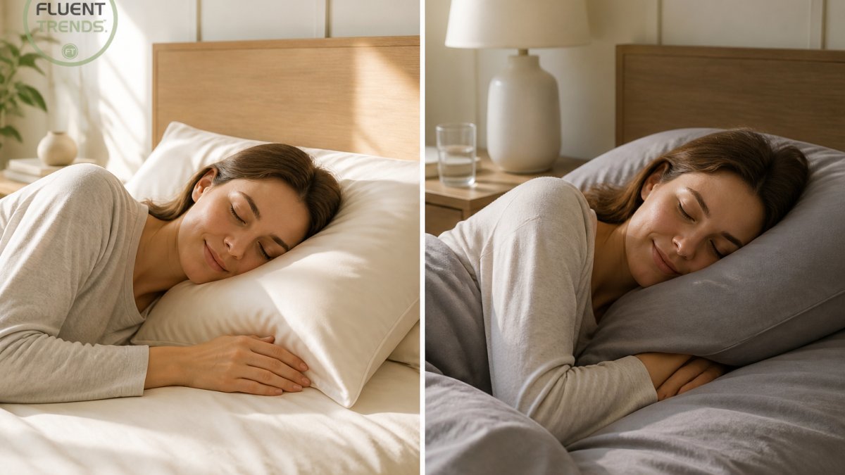 Person sleeping peacefully on soft pillowcase, face relaxed and serene in morning light, natural bedroom setting