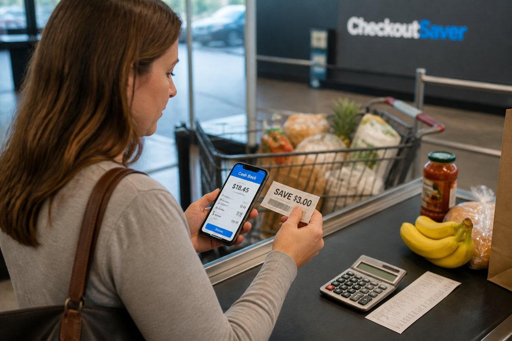 A shopper at a grocery store checkout counter looking at a smartphone displaying a cash back app while holding a paper coupon, with a calculator and receipt on the conveyor belt