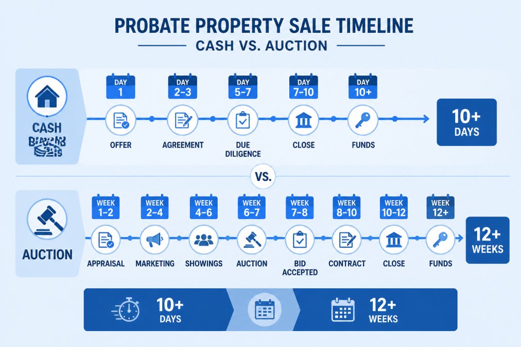 Estate executor reviewing probate documents and property timeline on desk with calendar, natural office lighting showing urgency of inherited property sale