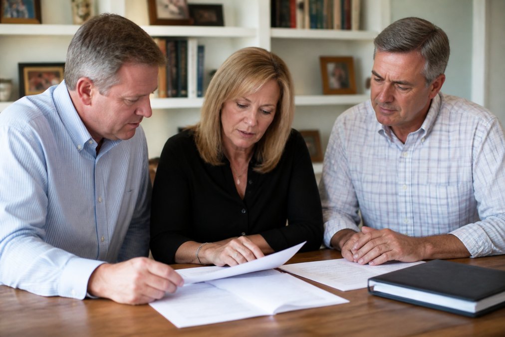 Three adult siblings reviewing property sale documents together in home office, discussing inherited property options with calm, collaborative body language