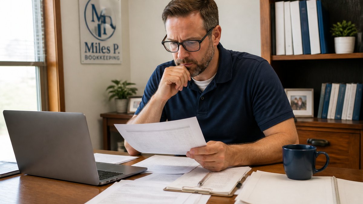 A small business owner in a home office reviewing financial documents and a laptop screen with a concerned but focused expression, papers and a coffee mug on the desk