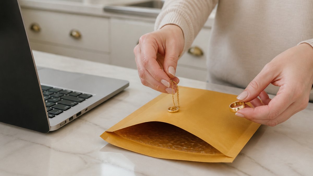 Step-by-step process for a cash for gold kit, showing items being placed into a prepaid shipping envelope.