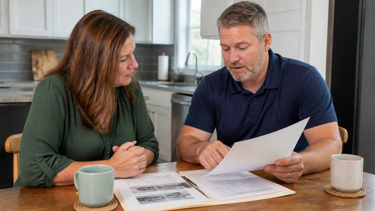 Homeowner sitting at kitchen table reviewing property documents with local real estate professional, coffee and papers visible, showing direct face-to-face consultation in home setting