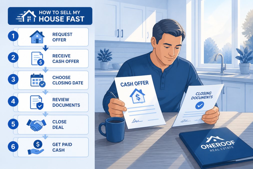 Homeowner reviewing cash offer letter and closing documents at kitchen table with pen in hand, sunlight streaming through window, representing the quick cash sale process