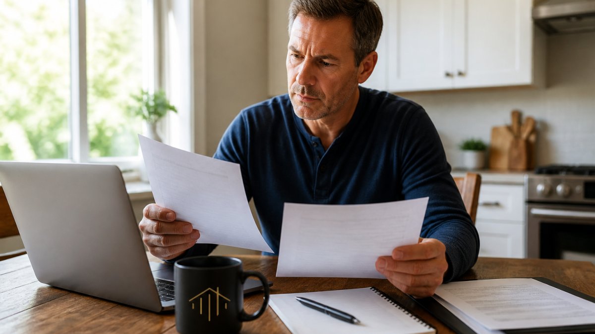 Homeowner reviewing documents and comparing two offer letters at a kitchen table with a laptop, natural daylight through window, focused expression while analyzing papers